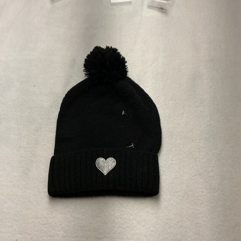 Girls Beanie Hat with Puff Ball and Sequin Heart Black & Silver - ,3992